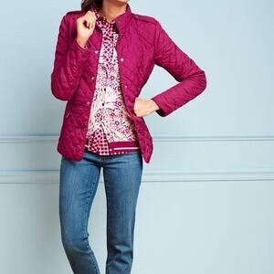 Talbots Diamond Quilted Jacket Women's Petite Small Magenta Pink Snap Down